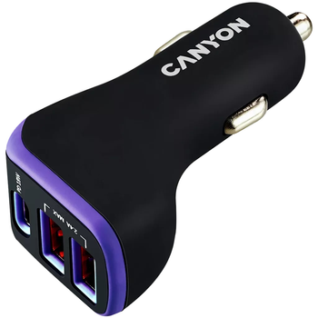 Ładowarka samochodowa CANYON 18 W USB-C PD USB-C USB-A Czarno-fioletowa (CNE-CCA08PU)