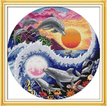 Набір для вишивання за нанесеною на канву схемою "Sun, moon and dolphins". AIDA 14CT printed, 48*48см