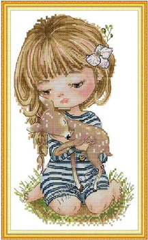 Набор для вышивания по нанесённой на канву схеме "Girl holding a fawn". AIDA 14CT printed, 18*29 см