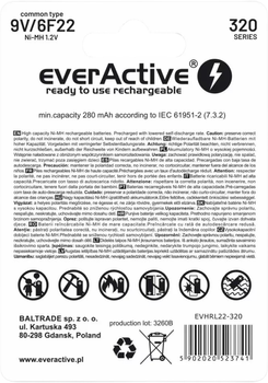 Akumulator everActive 6F22/9V Ni-MH 320 mAh 1 szt. Ready-to-use (EVHRL22-320)