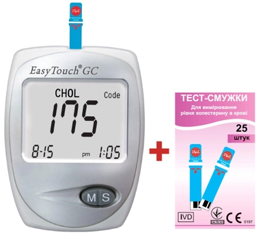 Глюкометр з функцією вимірювання холестерину в крові EasyTouch GC (ЕТ-202) + Тестові смужки EasyTouch для вимірювання рівня холестерину в крові 25 шт (4768)
