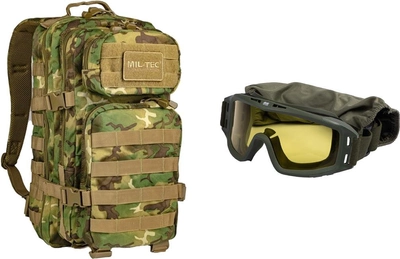Набір Маска тактична захисна 2E Hawk Anti-fog з сумкою та 3 лінзами Army Green + Рюкзак тактичний MIL-TEC 36 л Large Assault Pack Multicam