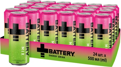 Упаковка энергетического напитка Battery Mix безалкогольный сильногазированный 0.5 л х 24 шт (4820250943034)