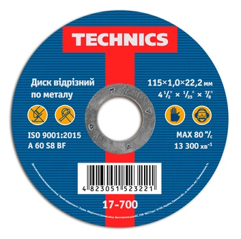 Диск круг отрезной по металлу 115мм 1,0х22 Technics 17-700