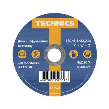 Диск круг шлифовальный по металлу 180х6,3х22 Technics 17-743