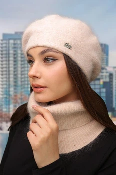 Женский комплект с мохером (берет и хомут) 4977- 4961-77 Брекстон кремовый 56-58р