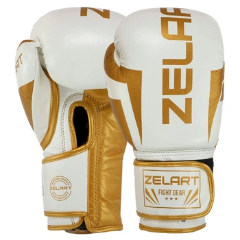 Перчатки боксерские кожаные на липучке Zelart ELITE 10 oz бело-золотые VL-8291