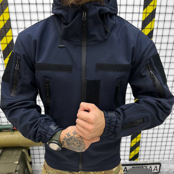 Зимняя мужская Куртка с капюшоном Softshell на флисе синяя размер XL