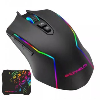 Компьютерная мышь игровая USB Grunhelm + коврик RGB подсветка Чёрная
