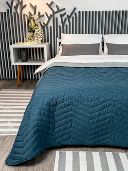 Покрывало ArCloud 200*220см стеганое двухцветное, 3795_zigzag_grey+indian_teal