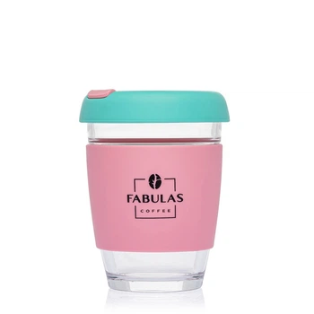Чашка Fabulas Glass+Silicone з Кришкою Зелено-Рожева 340мл