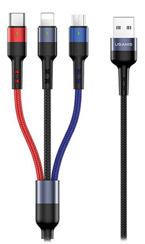 Плетений кабель Usams 3 в 1 USB - USB Type-C + Micro-USB + Lightning швидка зарядка 3 м (6958444984322)