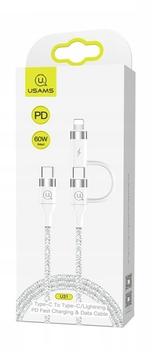 Kabel pleciony Usams USB Type-C - USB Type-C + Lightning szybkie ładowanie 1 m biały (6958444984599)
