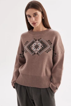 Джемпер oversize MEREZHKA Етно капучіно з чорним + білим, One Size