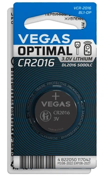 Батарейка VEGAS CR2016 літієва 1шт. Optimal