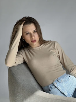 Женский лонгслив в рубчик AK COMFORT кофта с вырезом джемпер вискоза бежевый 42 44 46 xs s m