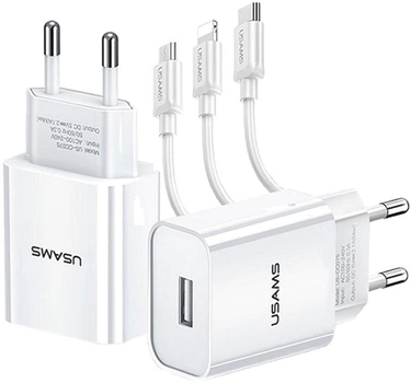 Ładowarka sieciowa Usams T18 USB 2.1 A Fast Charging biała + kabel 3w1 USB - Lightning/microUSB/USB-C 1 m biały (6958444980959)
