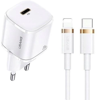 Мережевий зарядний пристрій Usams US-CC124 T36 USB-C mini 20W PD 3.0 Fast Charging White + кабель USB-C - Lightning White (6958444945514)
