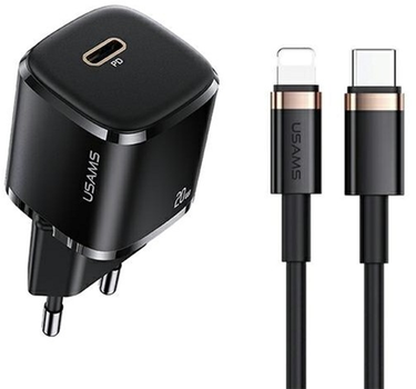 Мережевий зарядний пристрій Usams US-CC124 T36 USB-C mini 20W PD 3.0 Fast Charging Black + кабель USB-C - Lightning Black (6958444945507)