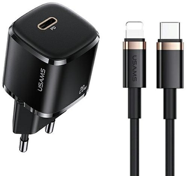 Ładowarka sieciowa Usams US-CC124 T36 USB-C mini 20W PD3.0 Fast Charging czarna + kabel USB-C - Lightning czarny (6958444945507)