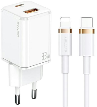 Мережевий зарядний пристрій Usams US-CC144 T43 USB-C+USB 33W PD 3.0 QC3.0 Fast Charging White + кабель U63 USB-C - Lightning 1.2 м White (6958444977362)
