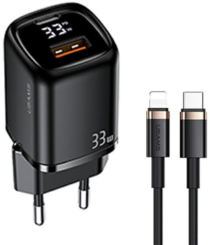 Мережевий зарядний пристрій Usams US-CC152 T46 USB-C+USB 33W PD 3.0 +QC3.0 Fast Charging Black + кабель U63 USB-C - Lightning 1.2 м Black (66958444977386)