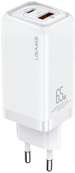 Мережевий зарядний пристрій Usams US-CC153 T47 USB-C+USB 65W PD Fast Charging Super Si White (6958444976884)