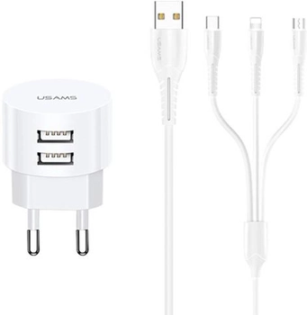 Мережевий зарядний пристрій Usams T20 2xUSB 10W QC2.0 Fast Charging White + кабель 3w1 USB - Lightning/microUSB/USB-C White (6958444981062)