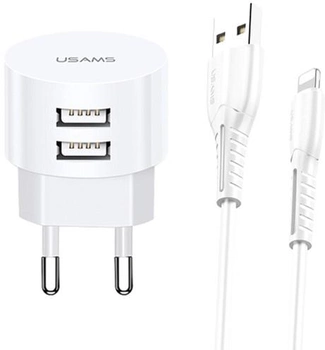 Ładowarka sieciowa Usams T20 2xUSB 10W QC2.0 Fast Charging biała + kabel USB - Lightning 1 m biały (6958444981000)