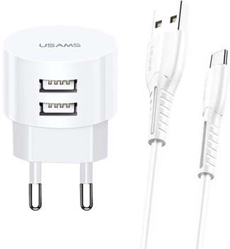 Мережевий зарядний пристрій Usams T20 2xUSB 10W QC2.0 Fast Charging White + кабель USB - microUSB 1 м White (6958444981017)