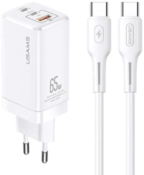 Мережевий зарядний пристрій Usams T33 2xUSB-C+USB 65W GaN PD Fast Charging White + кабель USB-C - USB-C 30W White (6958444927367)
