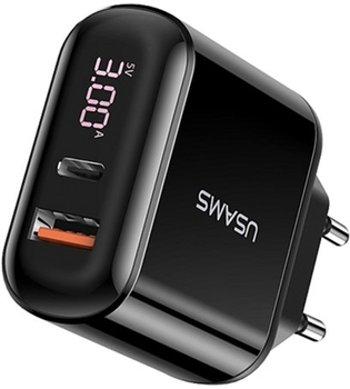 Мережевий зарядний пристрій Usams US-CC085 T23 USB+USB-C 18W QC3.0+PD 3.0 Fast Charging Black (6958444981611)