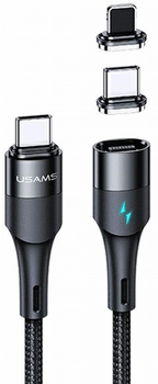 Kabel magnetyczny Usams U66 Fast Charge PD USB Type-C - USB Type-C / USB Type-C - Lightning 60 W 2 m pleciony Czarny (6958444973203)
