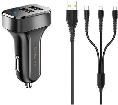 Автомобільний зарядний пристрій Usams C13 2.1A + кабель 3 в 1 microUSB/USB-C/lightning 1 м Black (6958444985992)