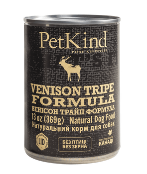 Влажный беззерновой корм PetKind (ПетКайнд) Dog Grain Free Venision Tripe Formula All Life Stages All Breeds для собак всех возрастов и всех пород с мясом говядины, оленины и говяжьим рубцом 369 г (арт Pk00560)