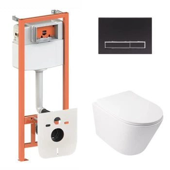 Подвесной унитаз Qtap Swan + комплект инсталляции Nest 4 в 1 (линейная клавиша Black mat)