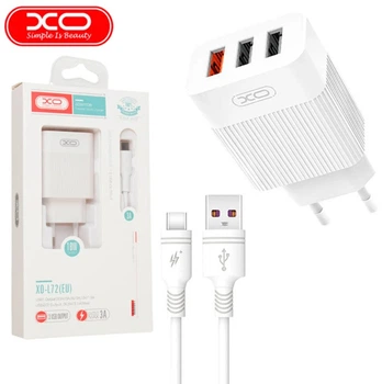 Сетевое зарядное устройство СЗУ XO XO-L72(EU) 18W 3 USB 3A с кабелем USB-Type-C White/Белый