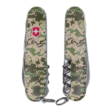 Швейцарський ніж Victorinox HUNTSMAN ARMY 91мм/15 функцій, Піксель Зелений з червоним лого