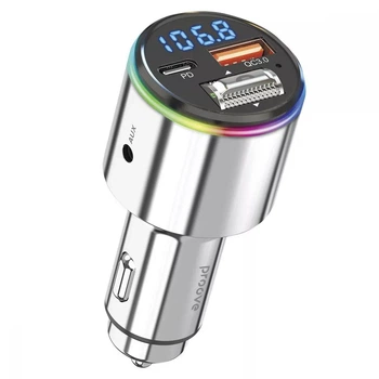АЗУ с FM-модулятором Proove FM Launcher Power Drive 30W (PD+QC3.0) Type-C+USB+AUX Silver