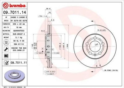 Тормозные диски BREMBO 09701114 Skoda Fabia, Octavia, Roomster, Rapid; Seat Ibiza, Leon, Toledo, Cordoba; Audi A1, A2, A3; Volkswagen Polo, Bora, Golf 1J0615301D, 1J0615301L, 1JE615301