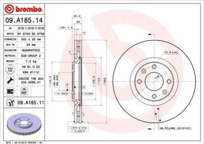 Тормозные диски BREMBO 09.A185.14 Peugeot 308, 3008, 208, 5008; Citroen DS5, DS4, C4 4249J8, 424986, 424981