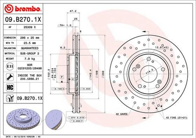 Тормозные диски BREMBO 09B2701X Honda Accord 45251TL1G00, 45251TL1G01