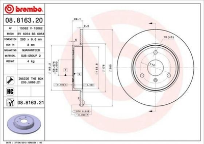 Тормозные диски BREMBO 08.8163.20 Smart Fortwo