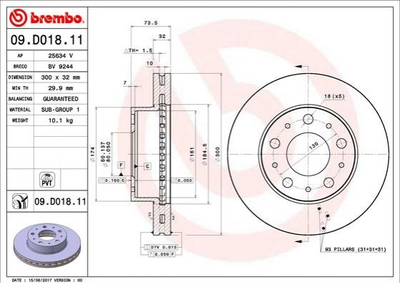 Тормозные диски BREMBO 09D01811 Peugeot Boxer; Citroen Jumper; Fiat Ducato 1612435380, 51957509, 51957510