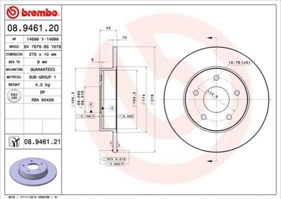 Тормозные диски BREMBO 08.9461.20 Nissan Primera, Almera 432064U101, 432064U103