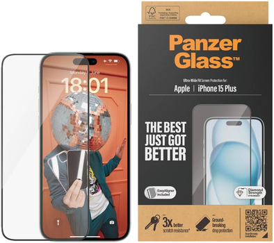 Szkło hartowane Panzer Glass Ultra-Wide Fit + EasyAligner do Apple iPhone 15 Plus antybakteryjne Black (5711724028113)