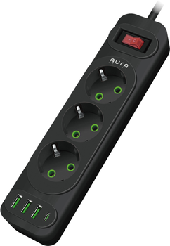 Сетевой фильтр-удлинитель Aura Energy на 3 розетки, 3 USB-A + USB-C (PD) 2 м Black (AUEMFP33PD2MB)