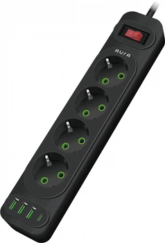 Мережевий фільтр-подовжувач Aura Energy на 4 розетки, 3 USB-A + USB-C (PD) 2 м Black (AUEMFP43PD2MB)