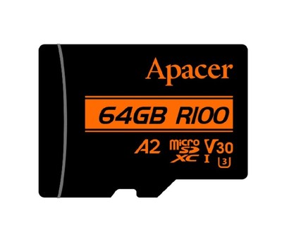 Карта памяти microSDXC Apacer A2 64Gb class 10 V30 (R100MB/s, W80MB/s) +SD-адаптер AP64GMCSX10U8-R