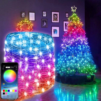 Светодиодная умная гирлянда Smart Роса RGB 200 LED с Bluetooth для елки от USB 20м